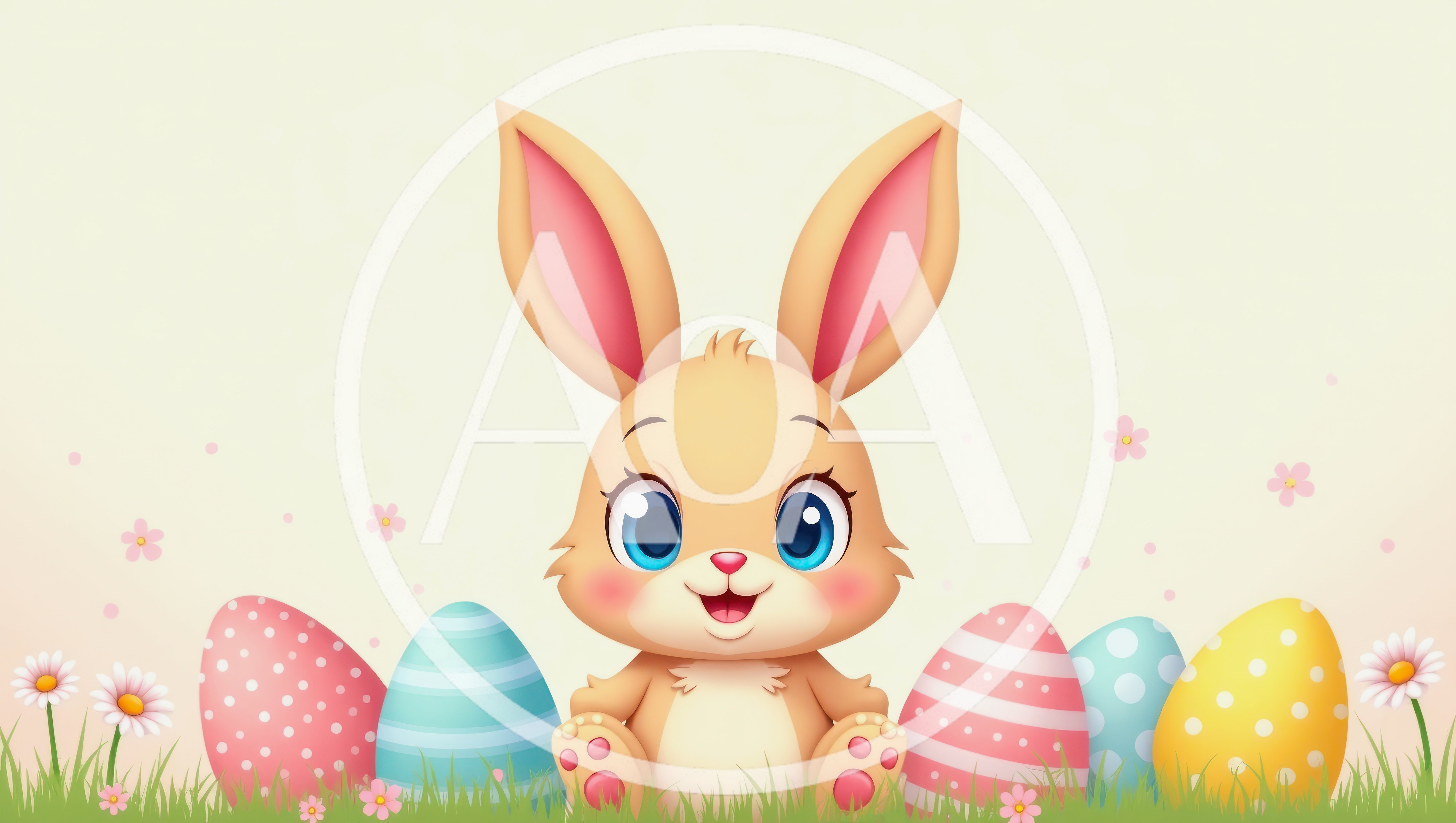 Cute Cartoon Easter Bunny With Colorful Decorated Eggs