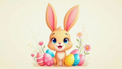 Cute Cartoon Easter Bunny With Colorful Decorated Eggs