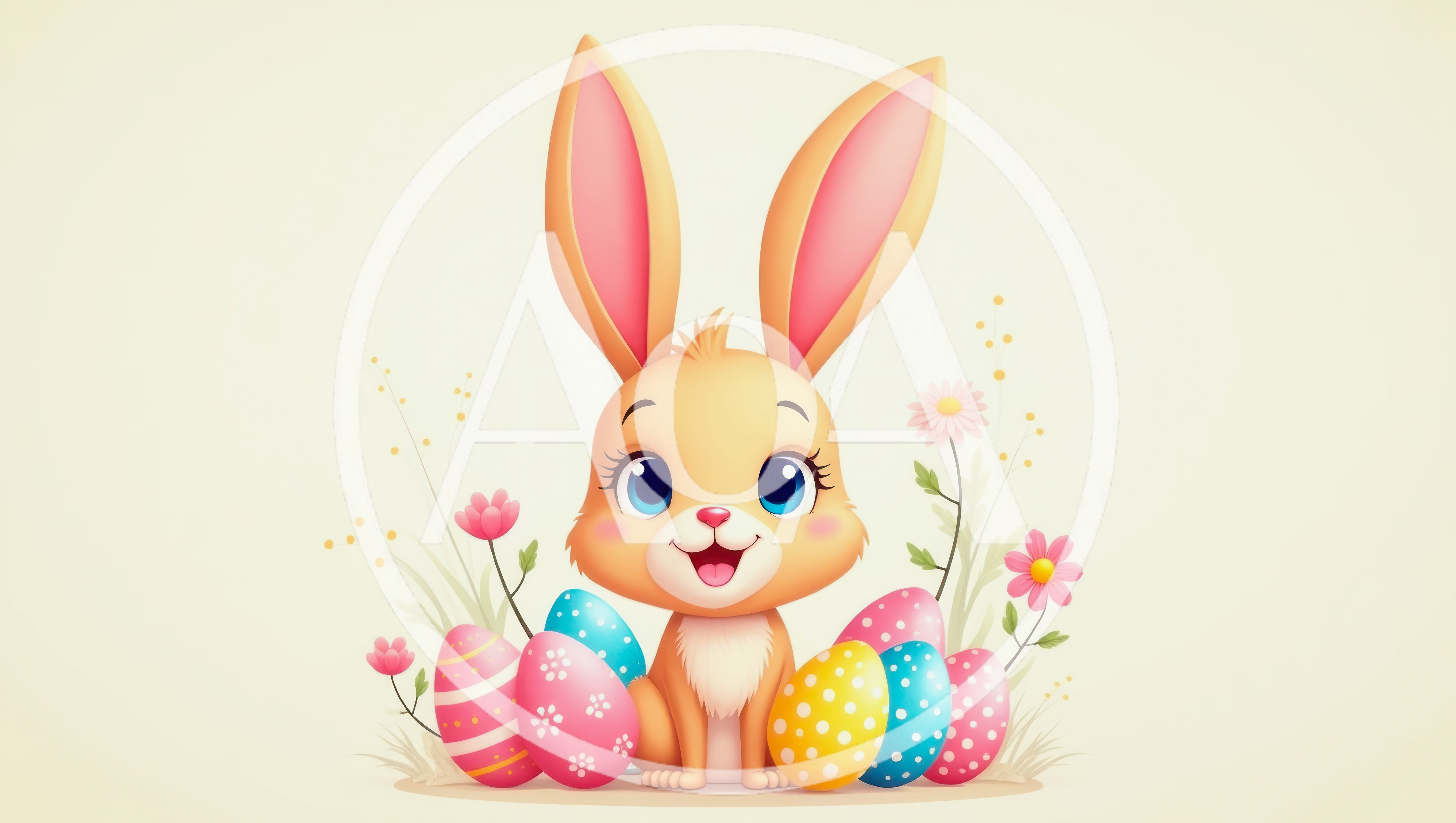 Cute Cartoon Easter Bunny With Colorful Decorated Eggs