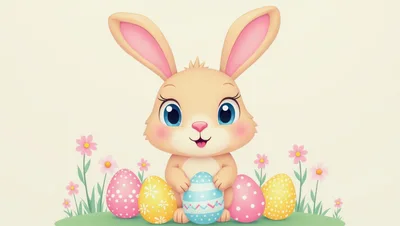 Cute Cartoon Easter Bunny Holding A Decorated Egg
