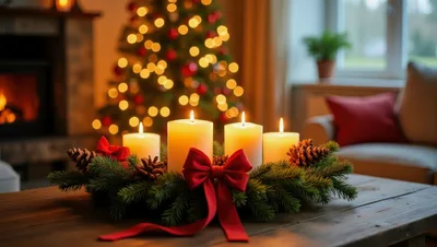 Advent Wreath With Four Lit Candles On Wooden Table