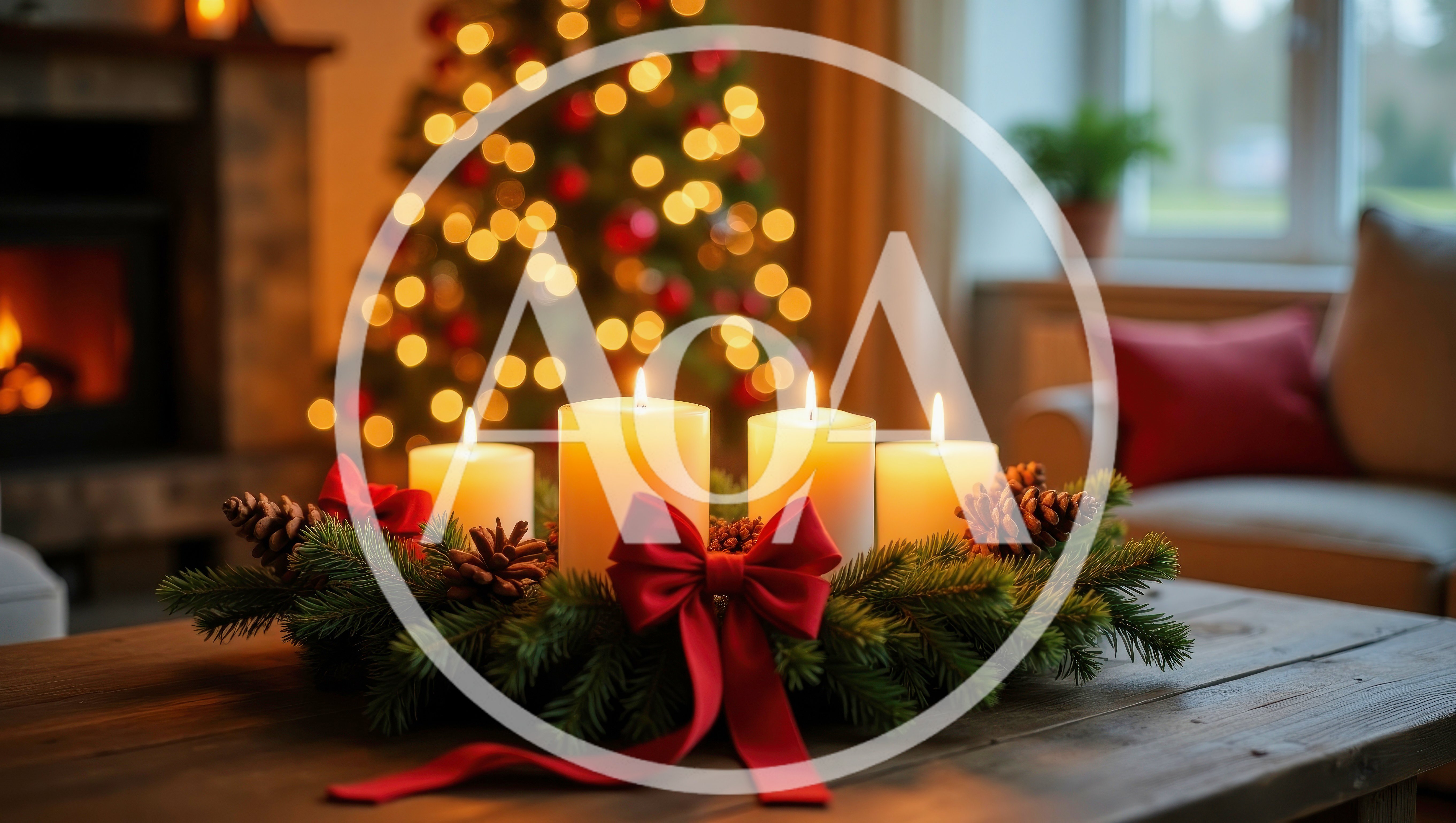 Advent Wreath With Four Lit Candles On Wooden Table