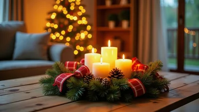 Advent Wreath With Four Lit Candles On Wooden Table