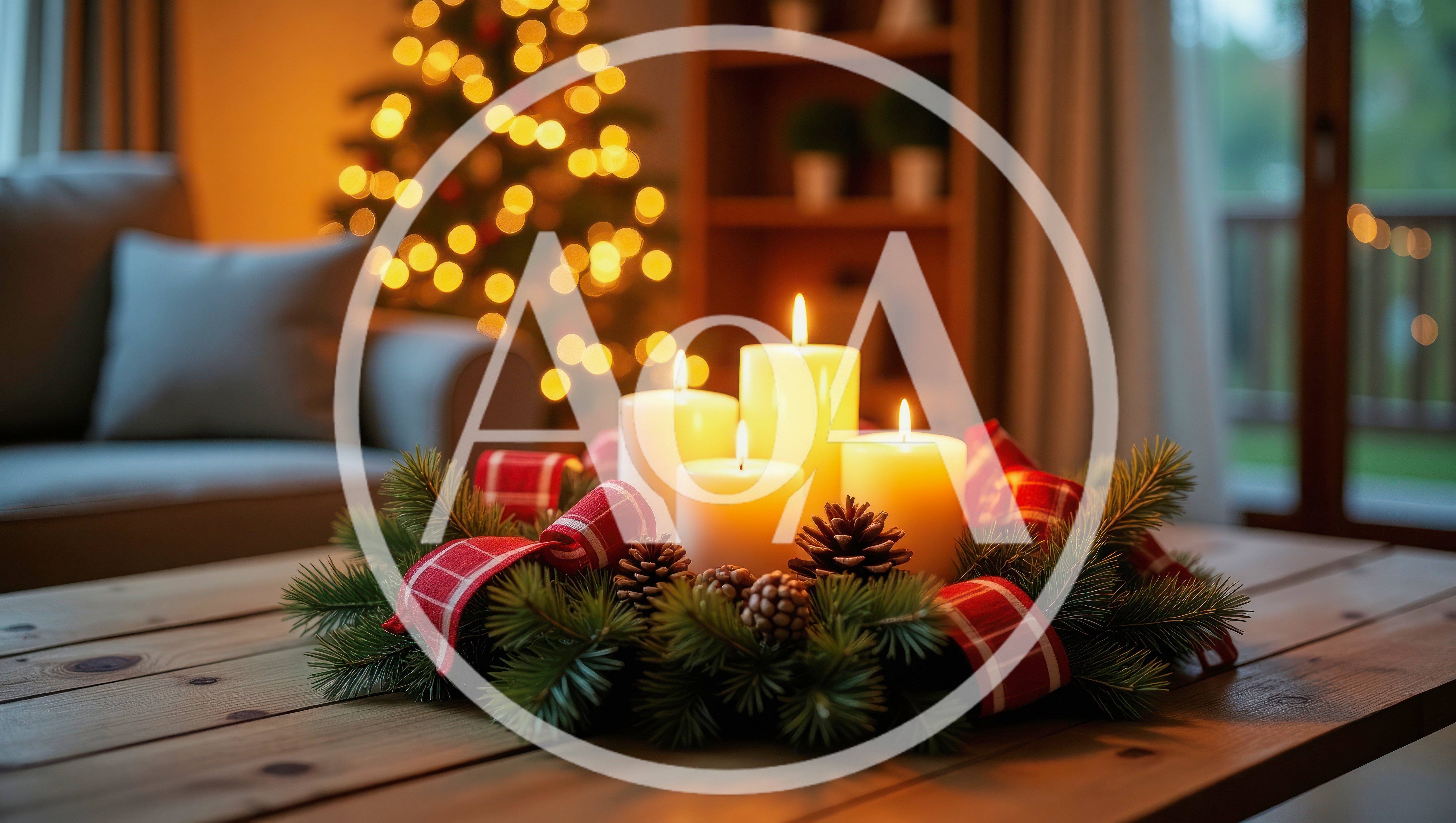 Advent Wreath With Four Lit Candles On Wooden Table