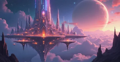 Floating Fantasy City Above Clouds With Large Moon