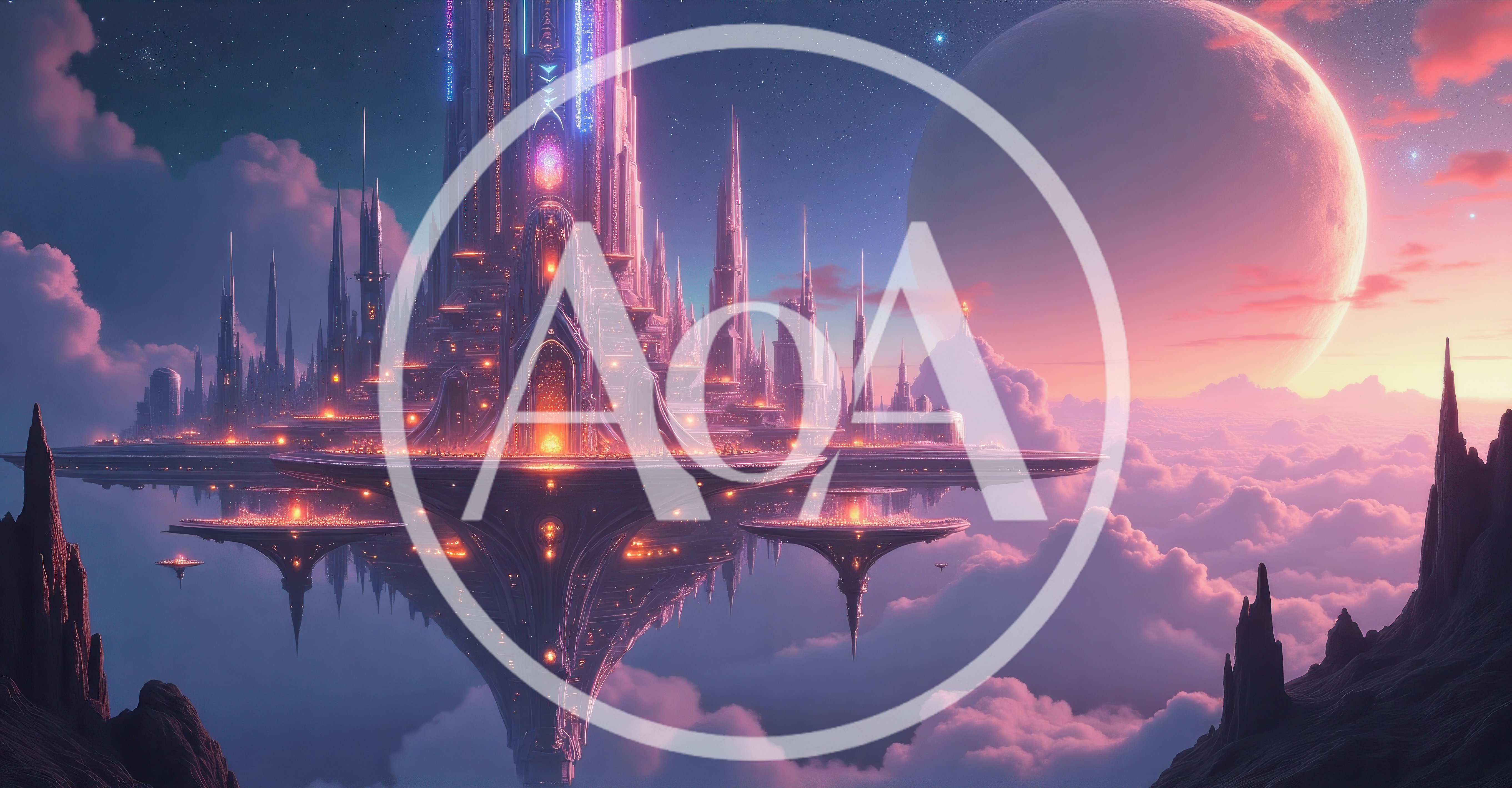 Floating Fantasy City Above Clouds With Large Moon