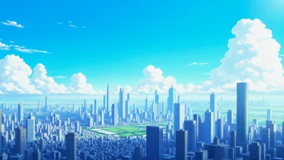Futuristic Anime Style Cityscape With Large Cumulus Clouds