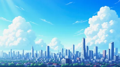 Anime Style Cityscape With Large Cumulus Clouds