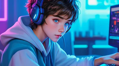 Young Gamer Wearing Headphones Playing Video Games