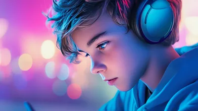 Young Boy Wearing Headphones Gaming In Neon Lighting