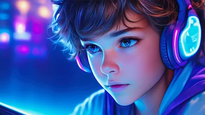 Young Gamer Wearing Glowing Neon Headphones