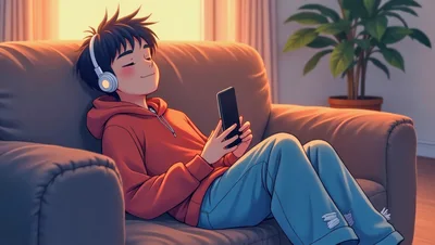Anime Boy Relaxing On Sofa With Headphones And Smartphone