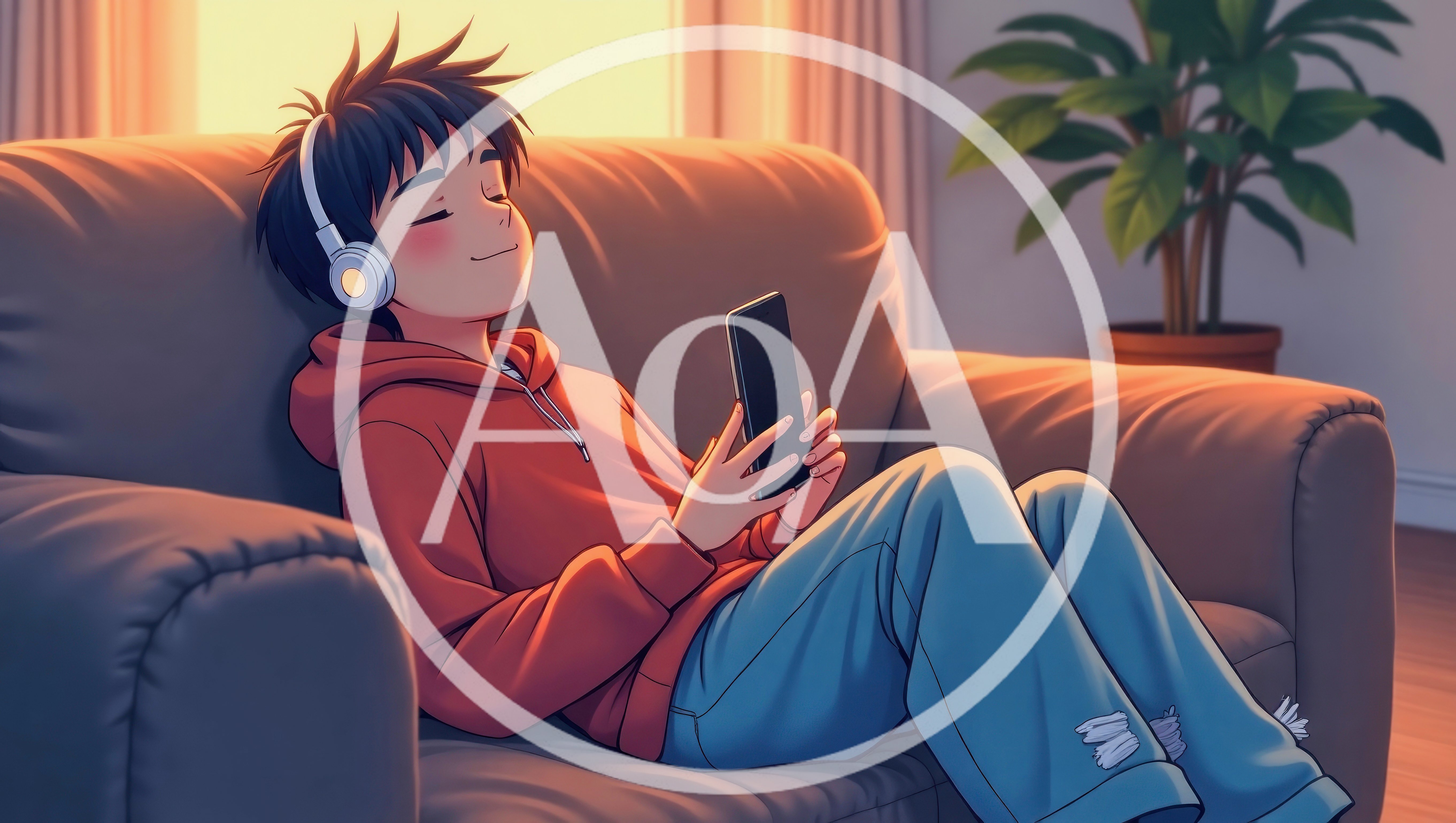 Anime Boy Relaxing On Sofa With Headphones And Smartphone