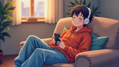 Anime Boy Relaxing In Armchair Listening To Music