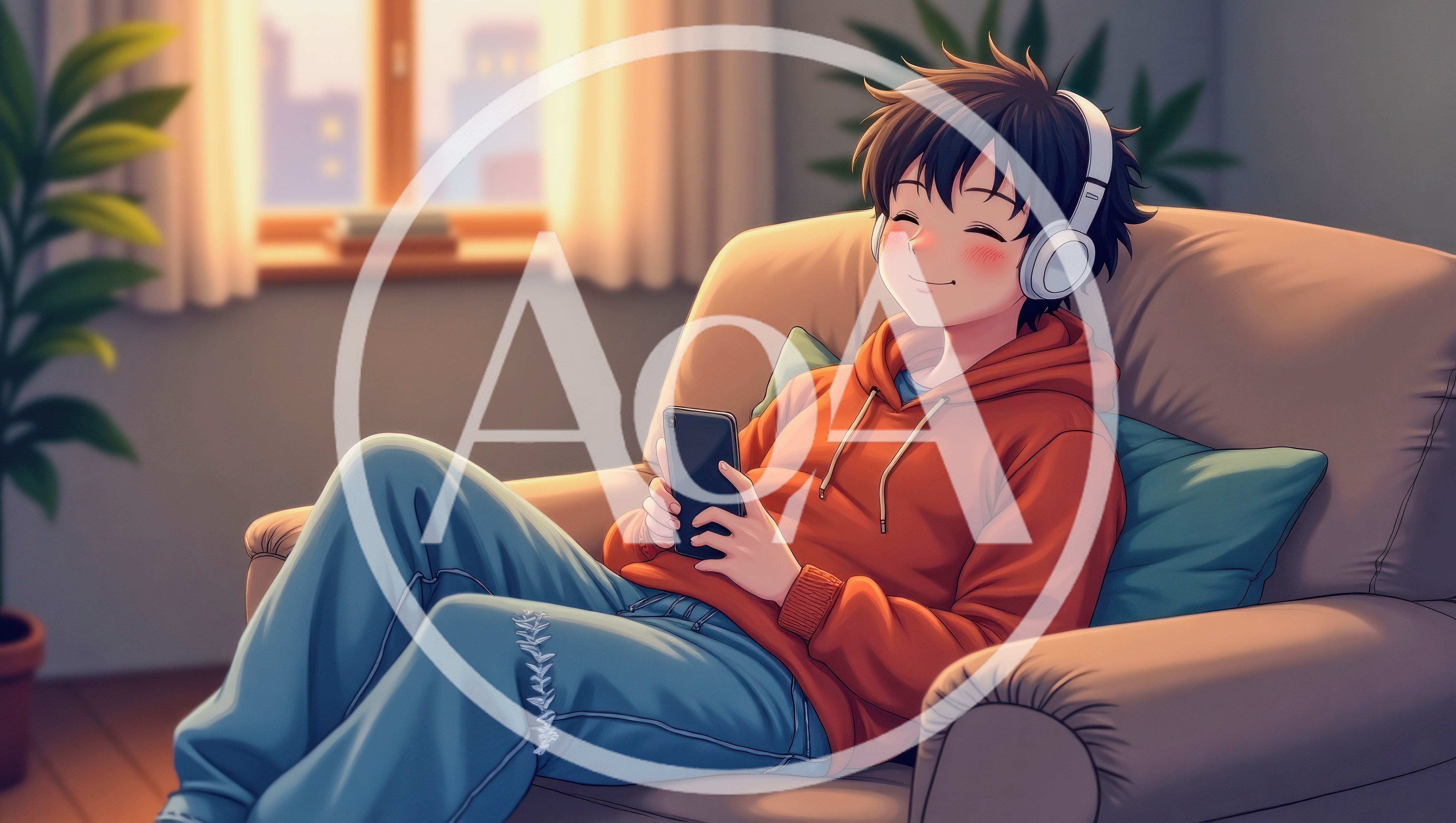 Anime Boy Relaxing In Armchair Listening To Music
