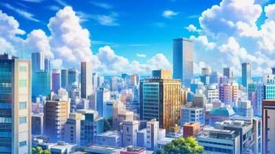 Anime Style Cityscape With Tall Buildings And Blue Sky
