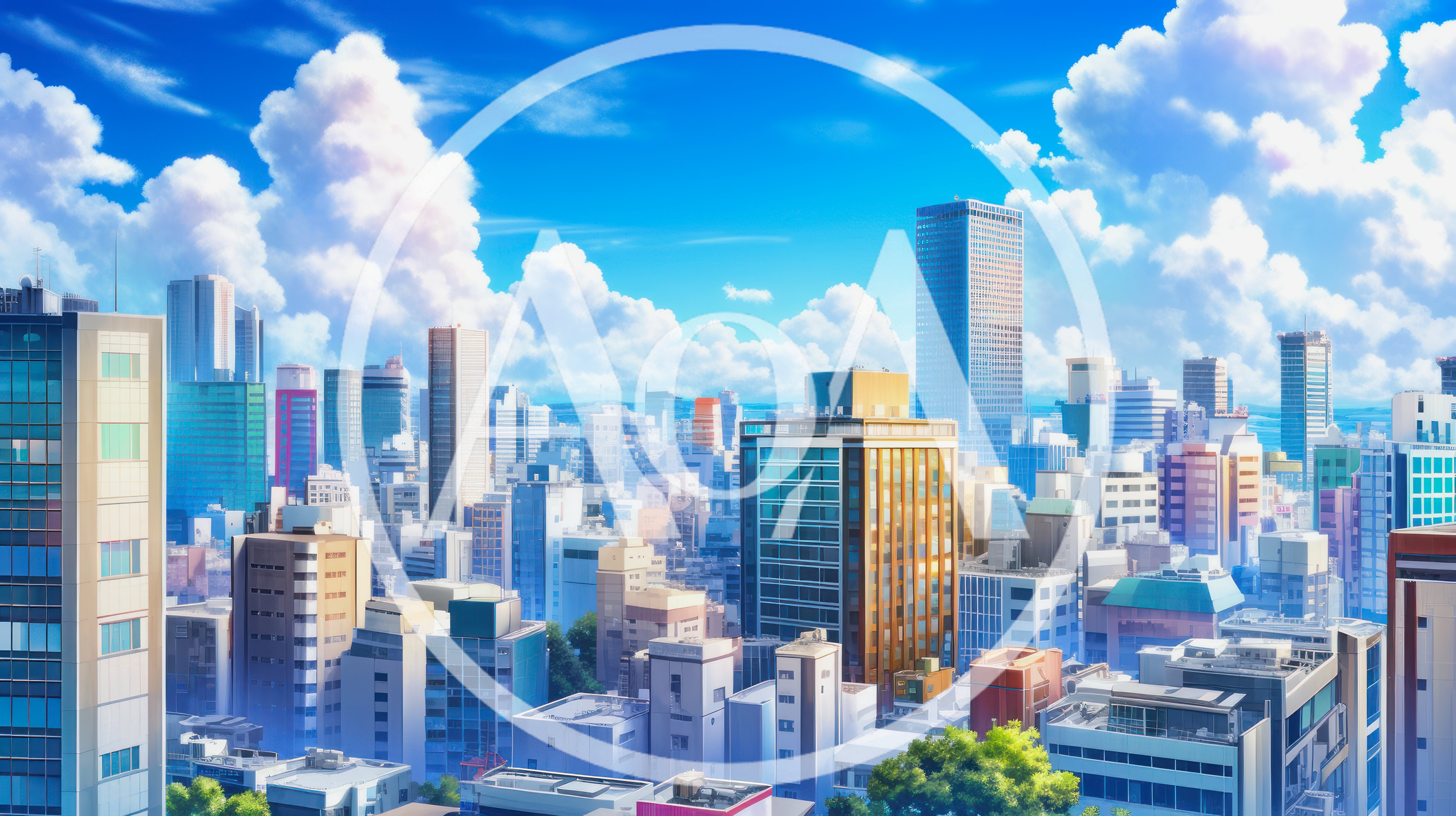 Anime Style Cityscape With Tall Buildings And Blue Sky