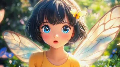 Cute Anime Fairy Girl With Butterfly In Garden