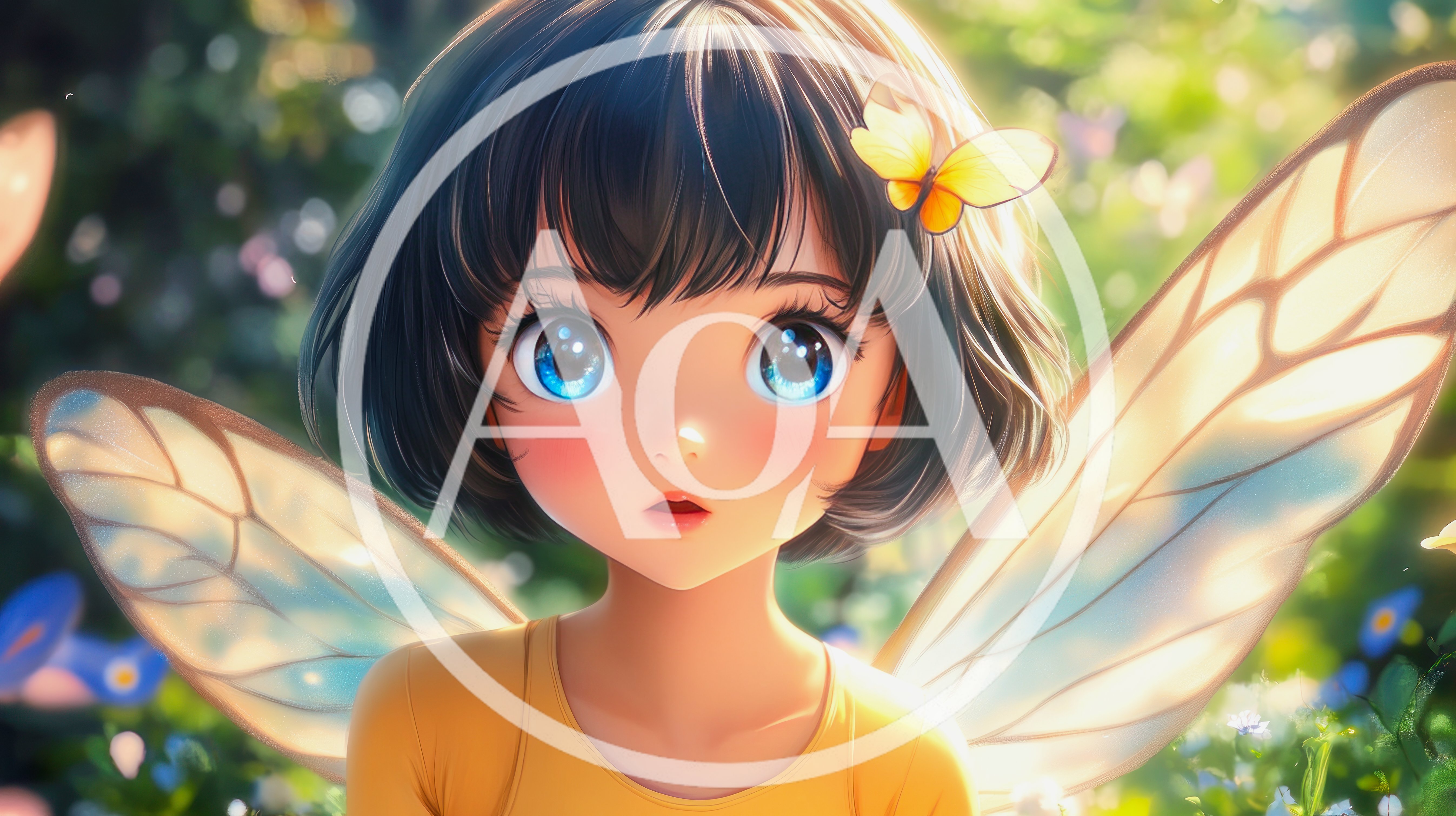 Cute Anime Fairy Girl With Butterfly In Garden