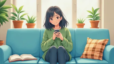Anime Girl Sitting On Sofa Using Smartphone