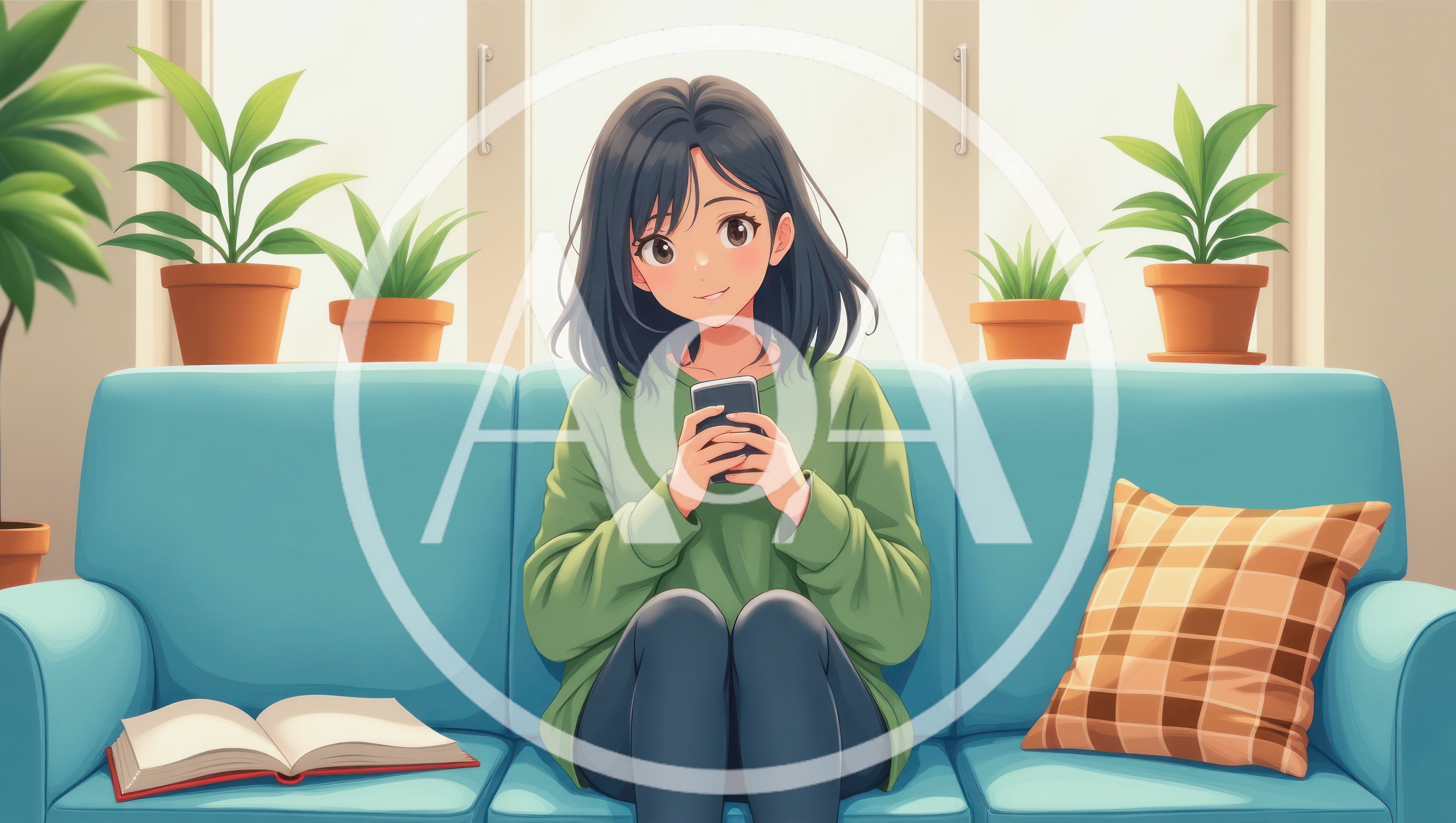 Anime Girl Sitting On Sofa Using Smartphone