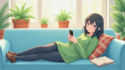 Anime Girl Relaxing On Sofa With Smartphone