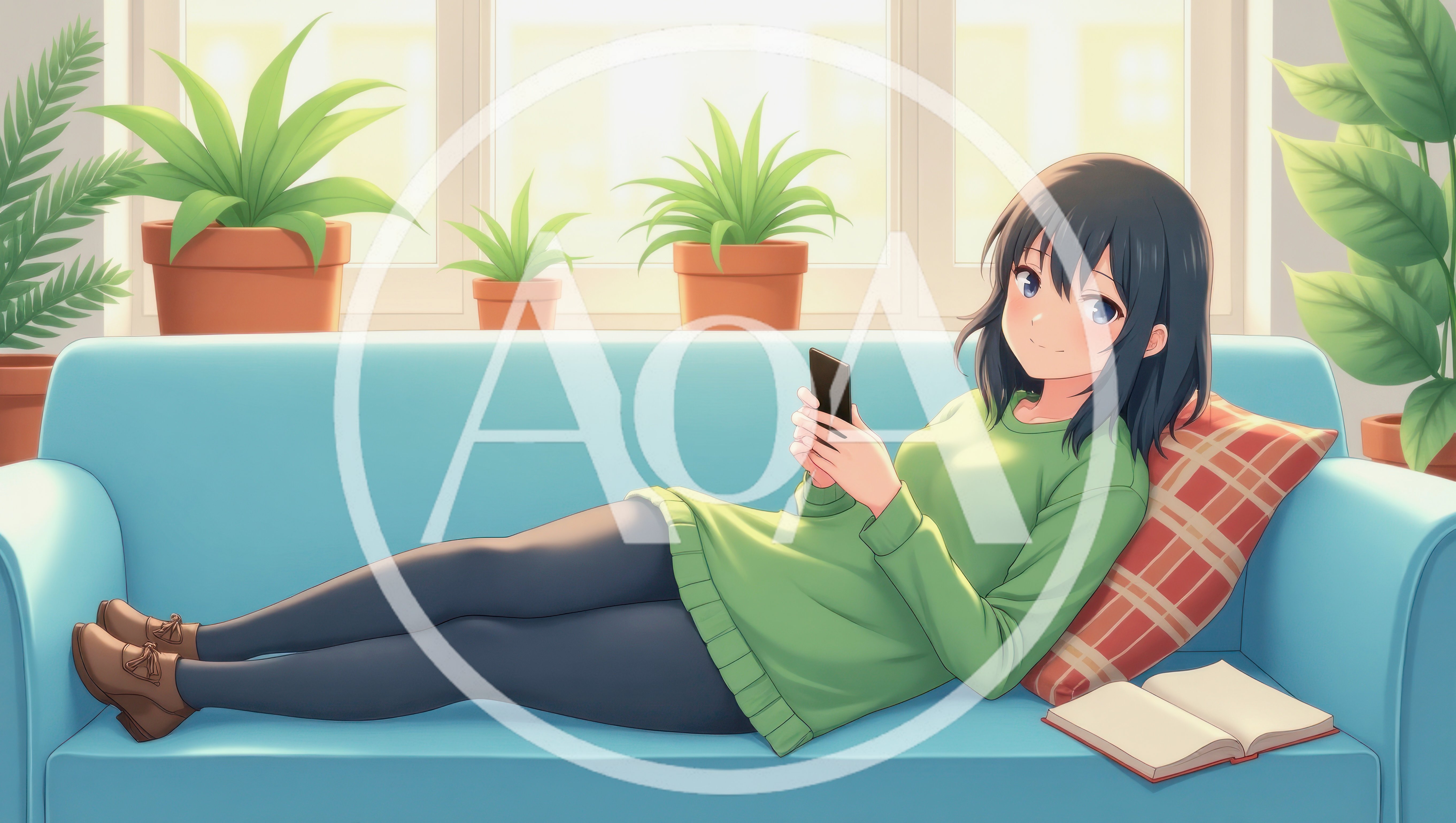 Anime Girl Relaxing On Sofa With Smartphone