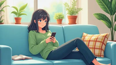 Anime Girl Relaxing On Sofa With Smartphone