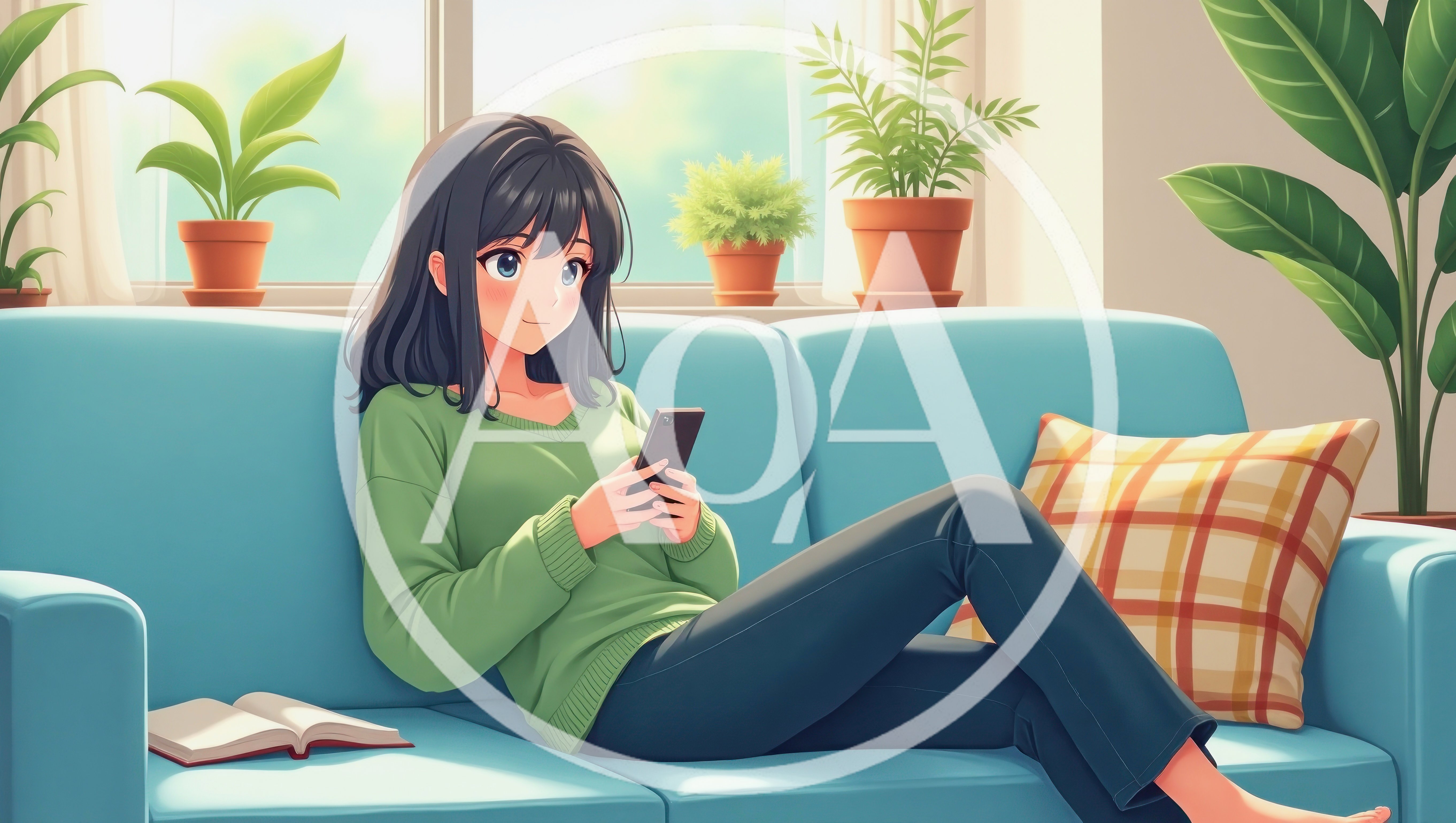 Anime Girl Relaxing On Sofa With Smartphone