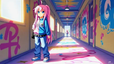 Anime Girl Standing In A Graffiti Covered School Hallway