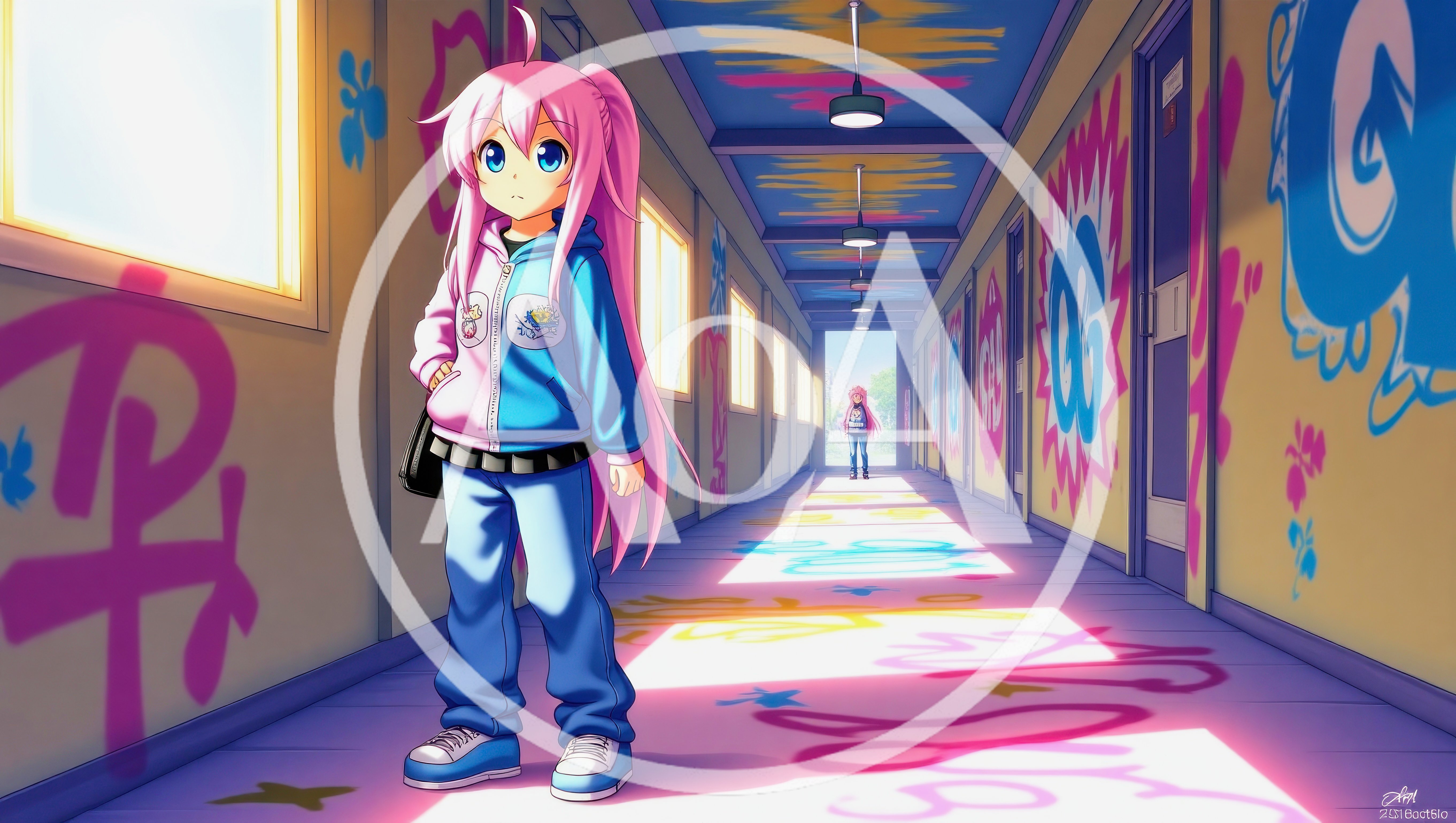 Anime Girl Standing In A Graffiti Covered School Hallway