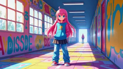 Anime Girl Standing In A Colorful Graffiti School Hallway