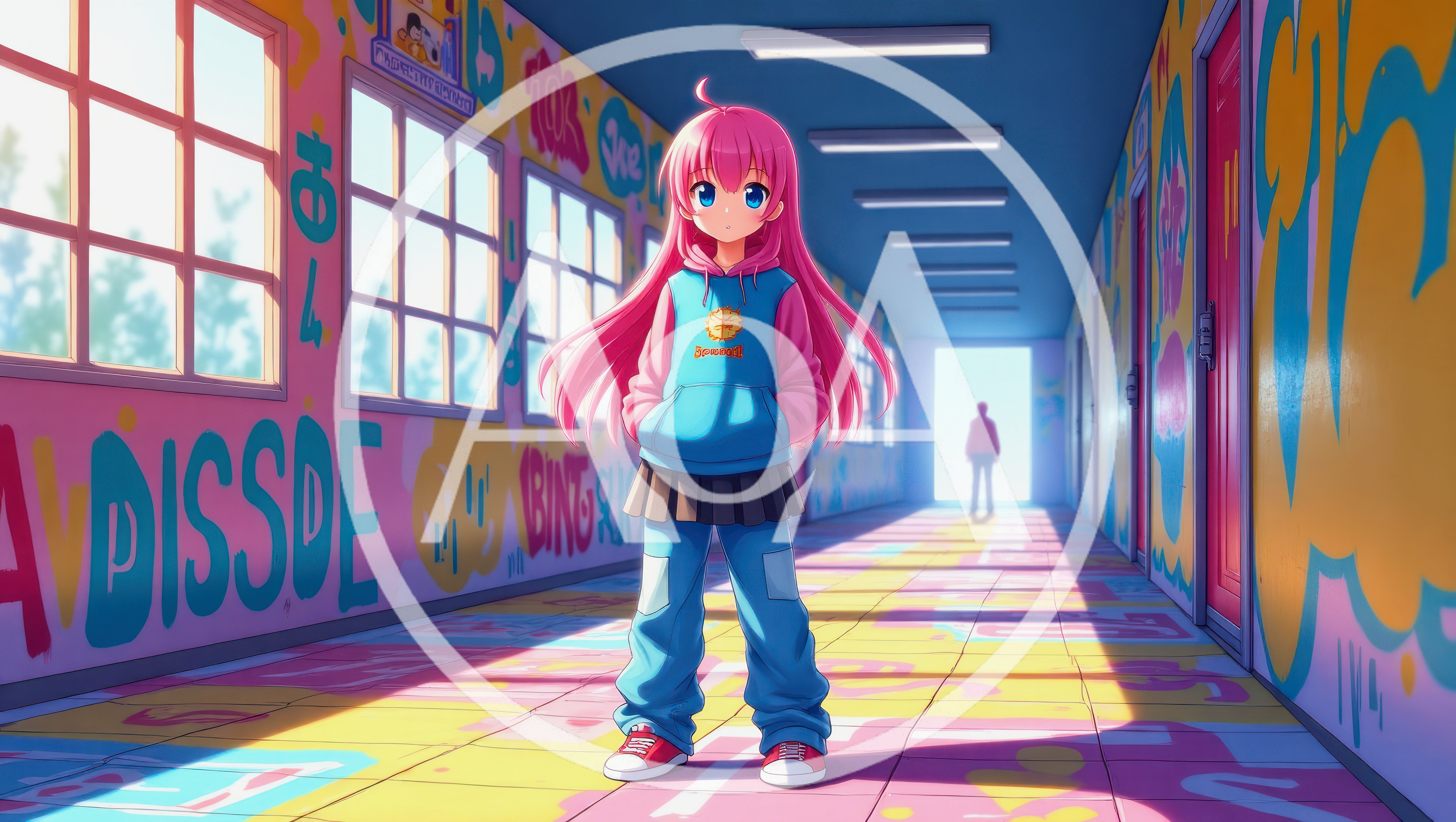 Anime Girl Standing In A Colorful Graffiti School Hallway