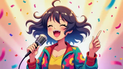 Anime Girl Singing Happily With A Microphone