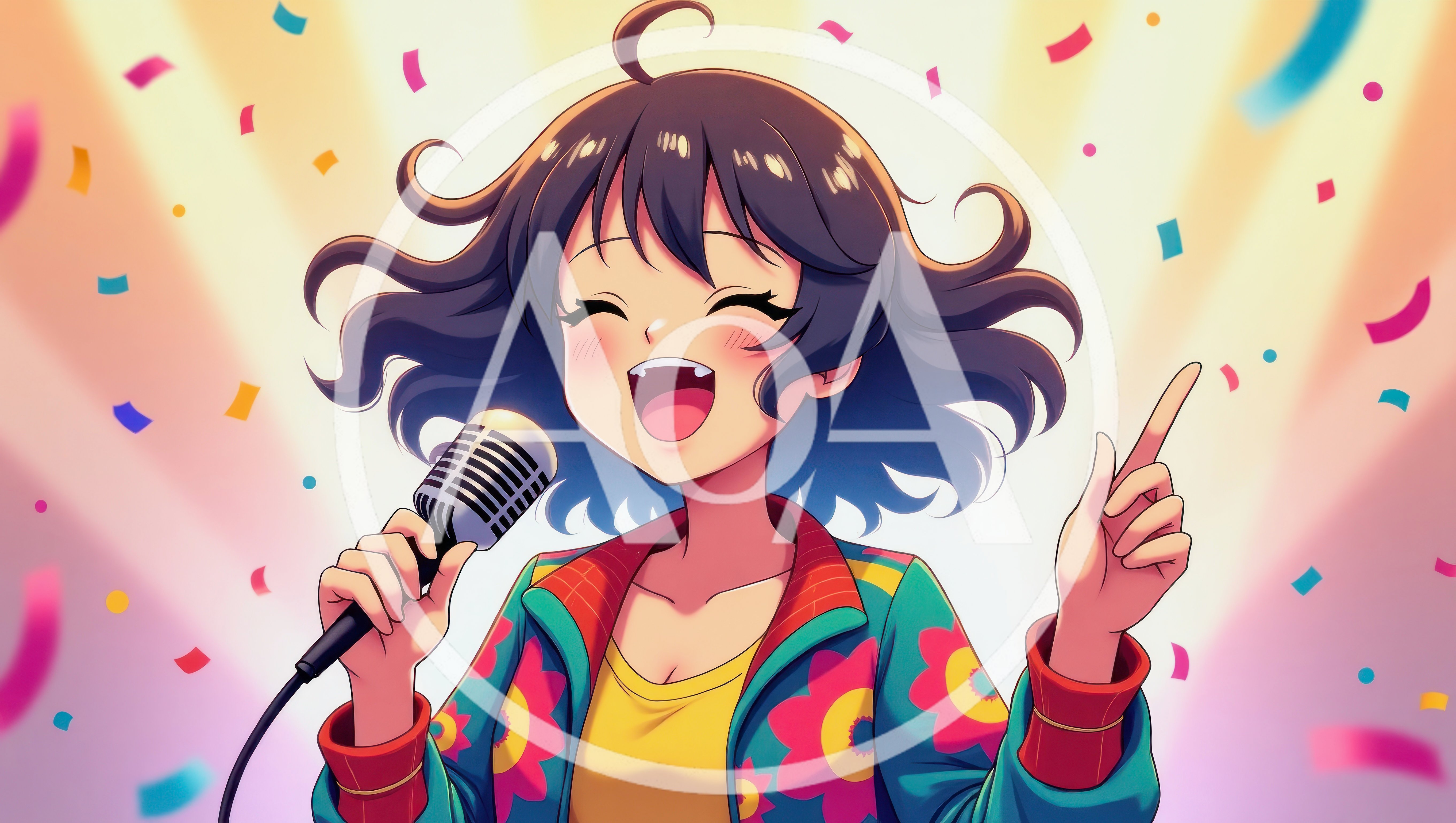 Anime Girl Singing Happily With A Microphone