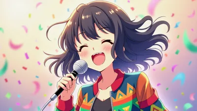 Anime Girl Singing Happily With A Microphone
