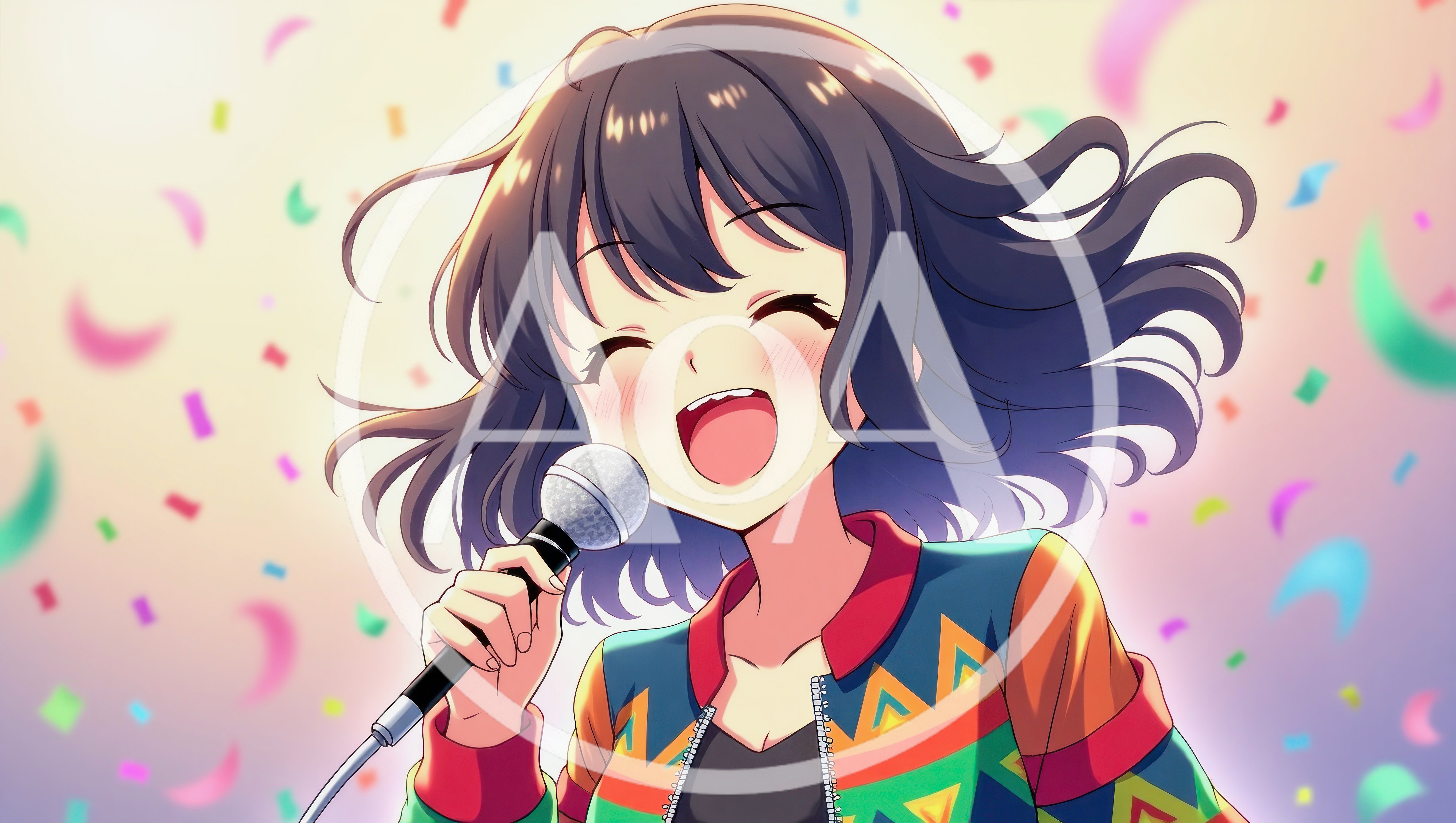 Anime Girl Singing Happily With A Microphone