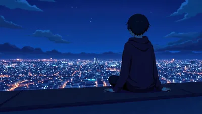 Anime Boy Sitting On Rooftop Overlooking City Lights