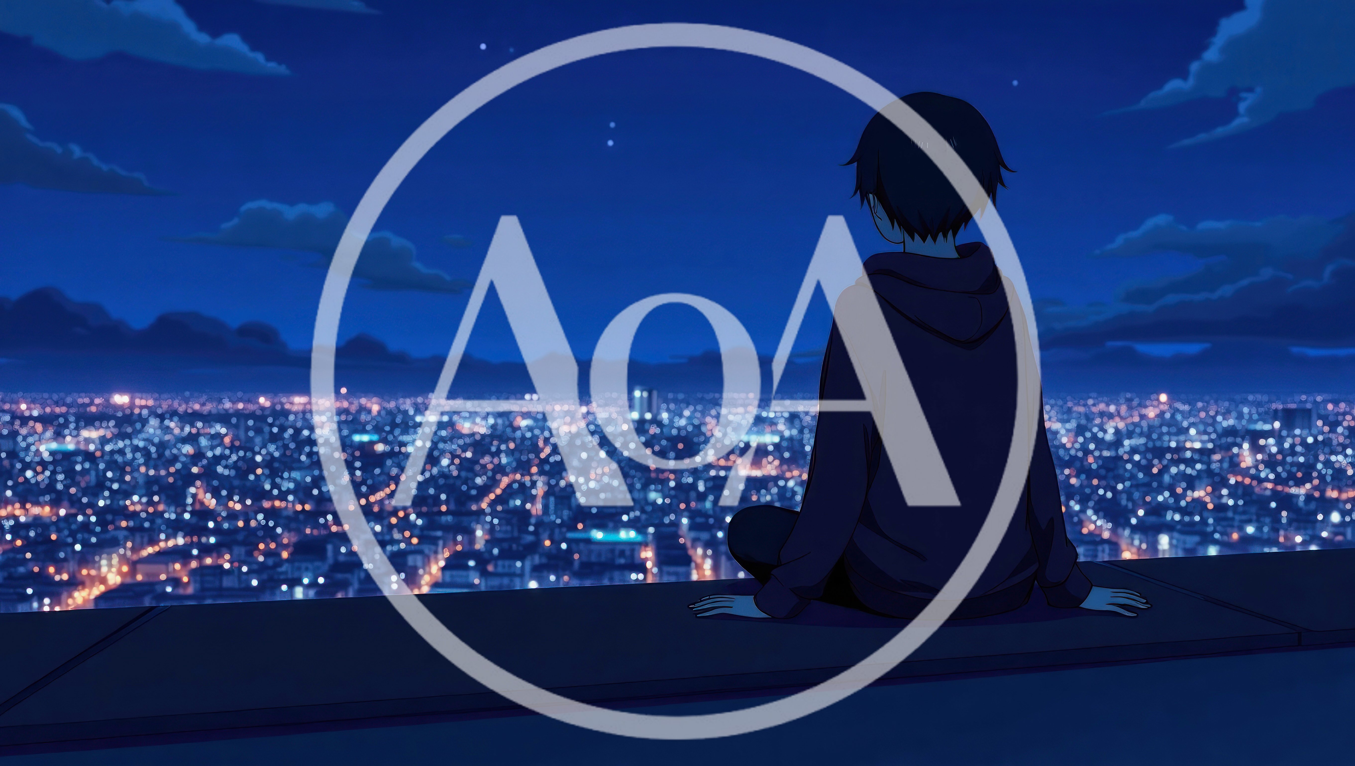 Anime Boy Sitting On Rooftop Overlooking City Lights