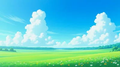 Anime Style Green Meadow With White Clouds