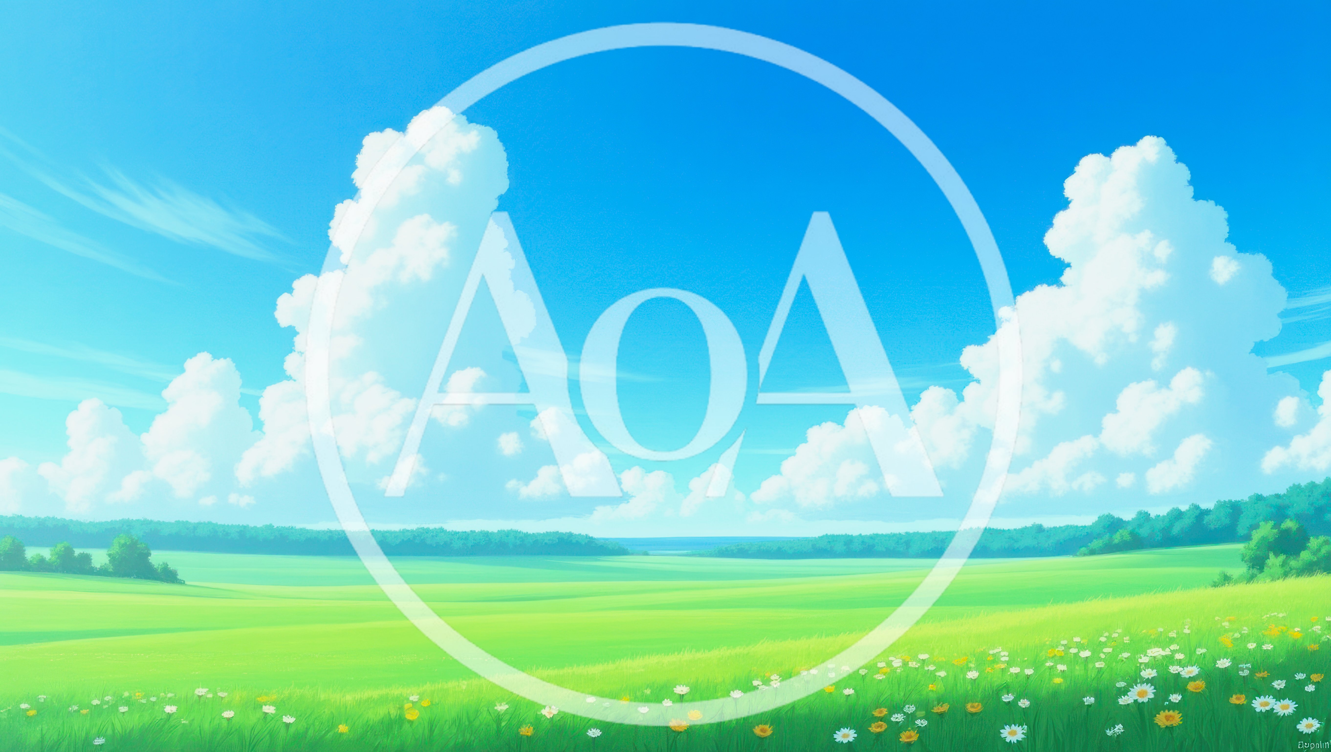 Anime Style Green Meadow With White Clouds