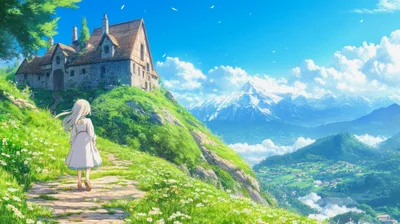 Anime Girl Walking Toward A Mountain Cottage