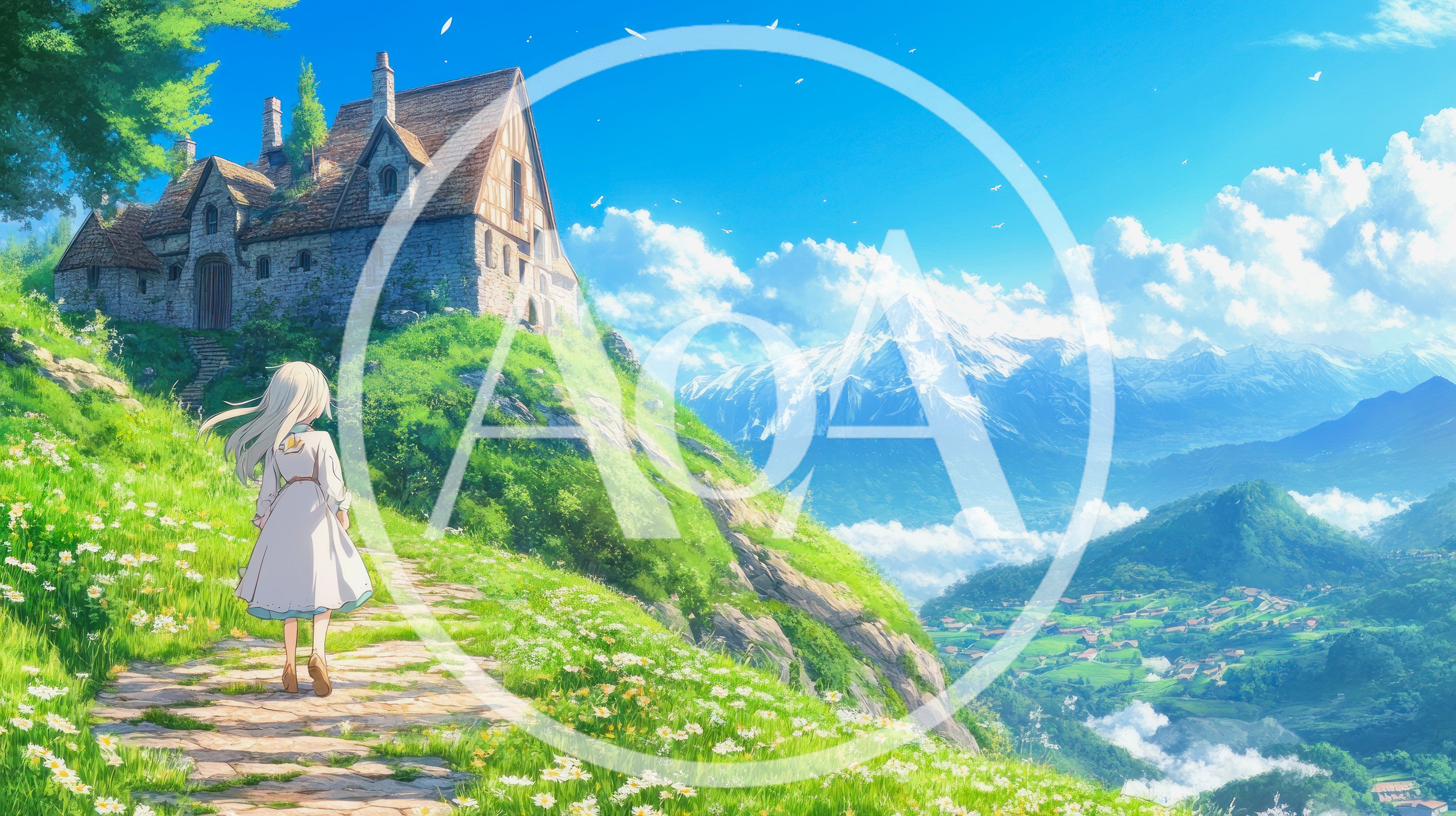 Anime Girl Walking Toward A Mountain Cottage