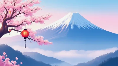 Mount Fuji With Cherry Blossoms And Traditional Lanterns