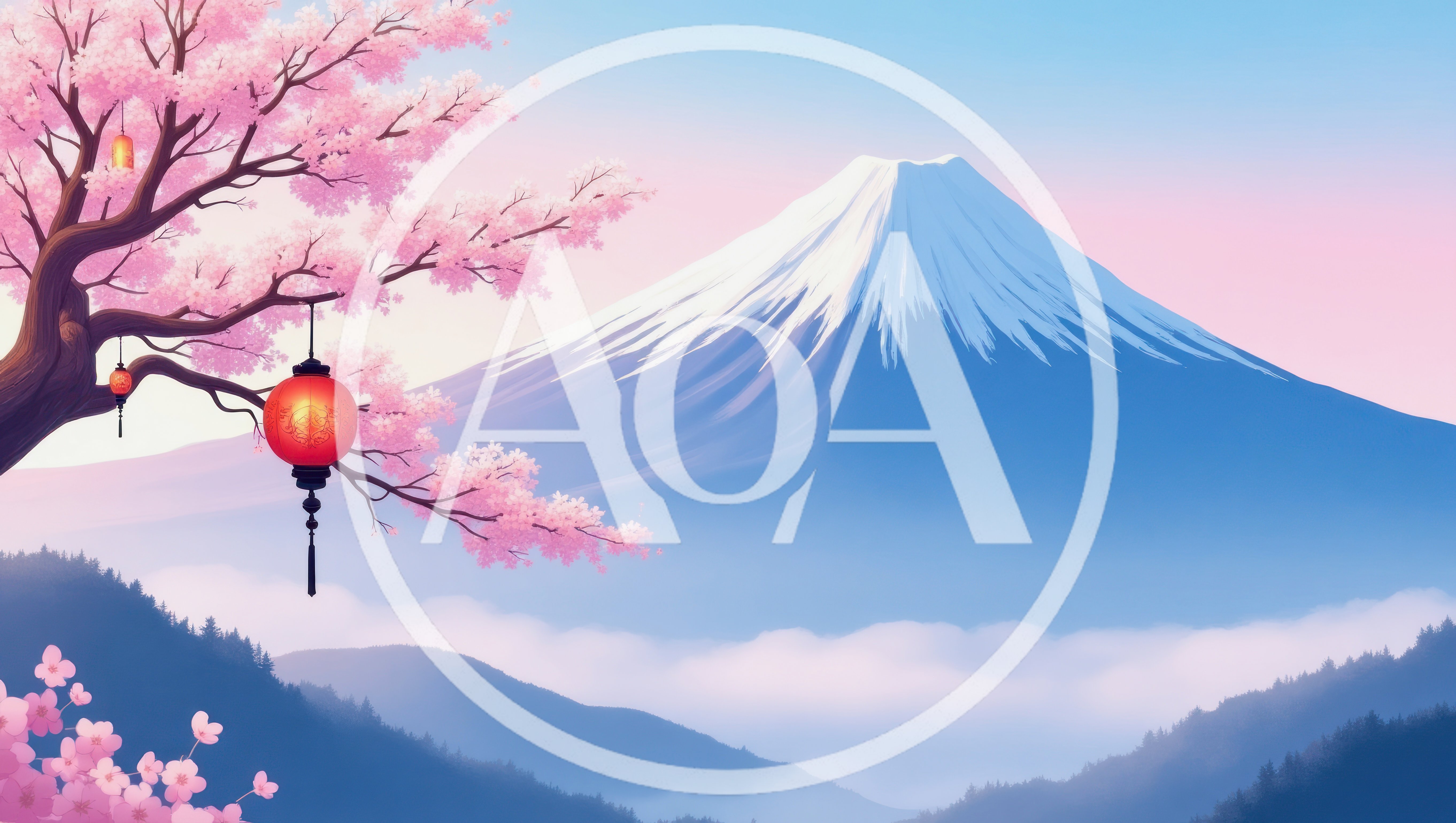 Mount Fuji With Cherry Blossoms And Traditional Lanterns