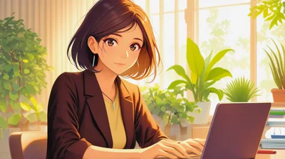 Young Woman Working On Laptop In Sunny Office