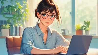 Anime Style Young Woman Working On Laptop