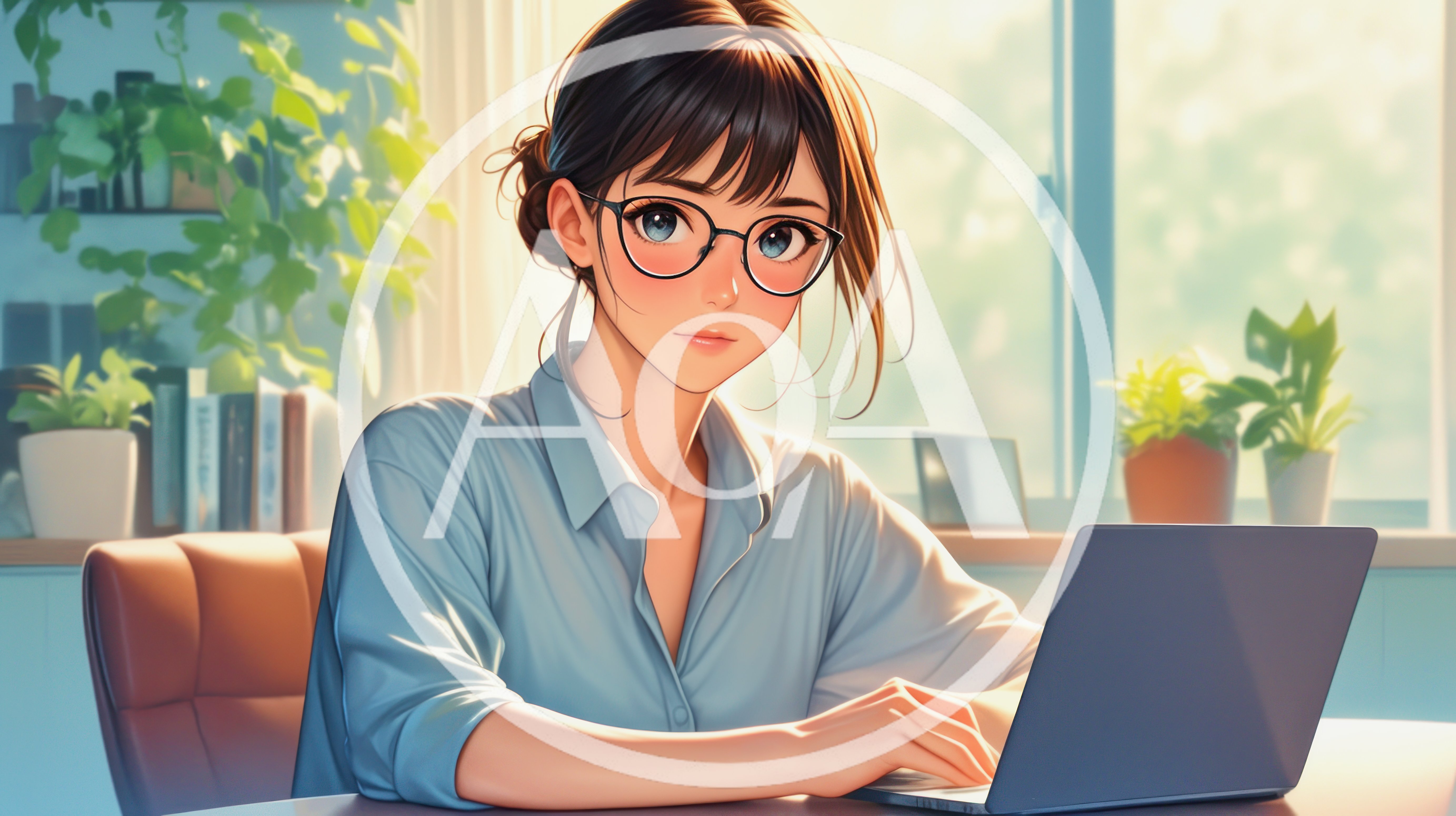 Anime Style Young Woman Working On Laptop