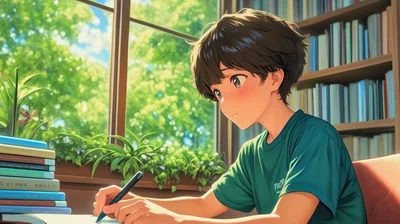 Anime Boy Studying At Desk Near Window