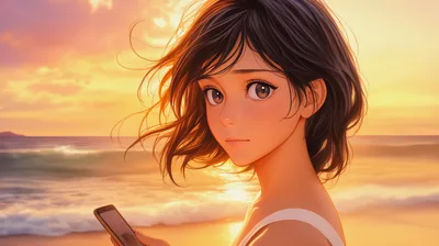 Anime Girl Holding Smartphone At Sunset Beach